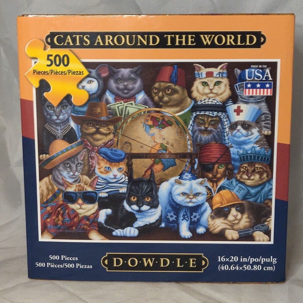 Eric Dowdle Folk Art "Cats Around the World" 500 Piece Jigsaw Puzzle + Poster
